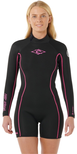 2026 Rip Curl Womens Steph Gilmore Dawn Patrol 2mm Back Zip Long Sleeve Shorty Wetsuit 14AWSP - Black / Pink